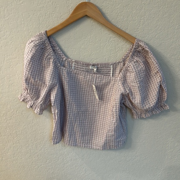NWT Madewell Seersucker Hopewell Puff-Sleeve Crop Top in Plaid - Picture 4 of 6